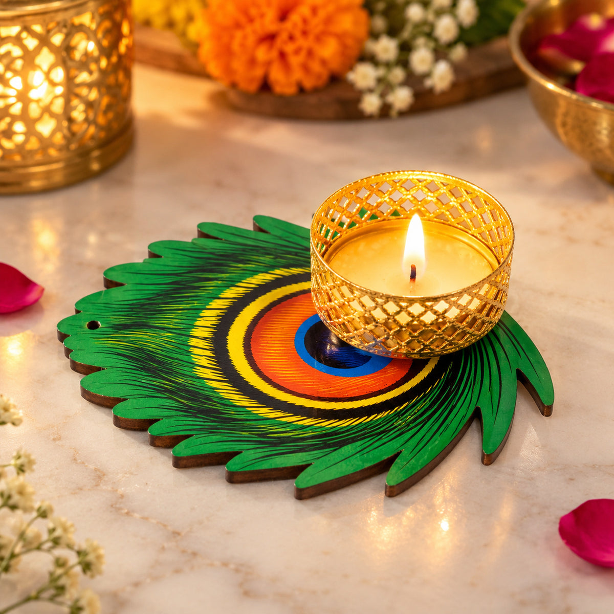 Peacock feather design tealight holder - festive display