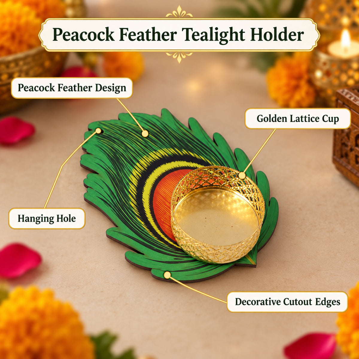 Peacock feather design tealight holder - design features