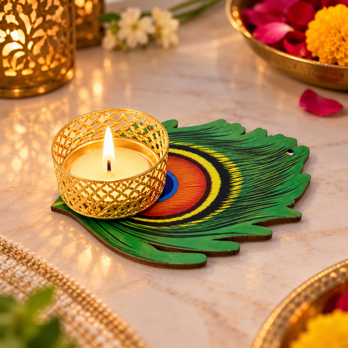 Peacock feather design tealight holder - table display