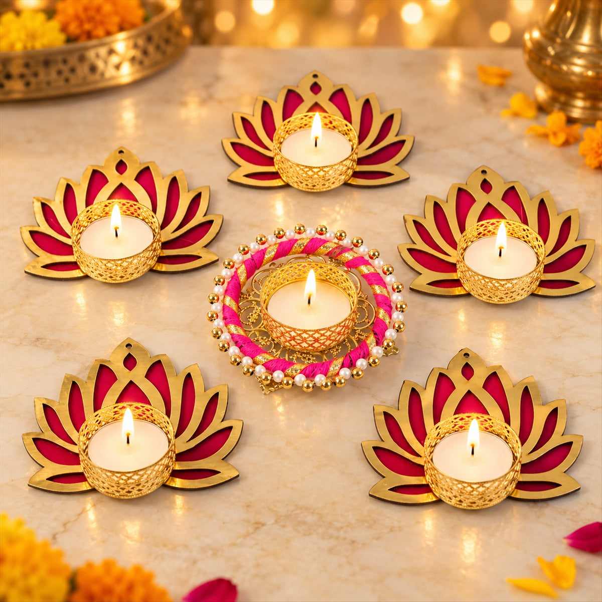 Lotus rangoli tealight holder set - main display