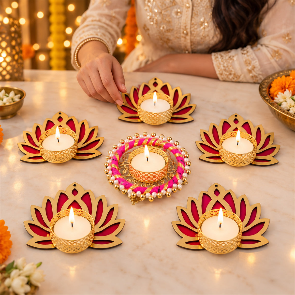 Lotus rangoli tealight holder set - festive arrangement