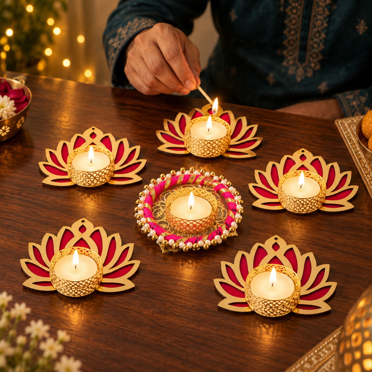 Lotus rangoli tealight holder set - tabletop display