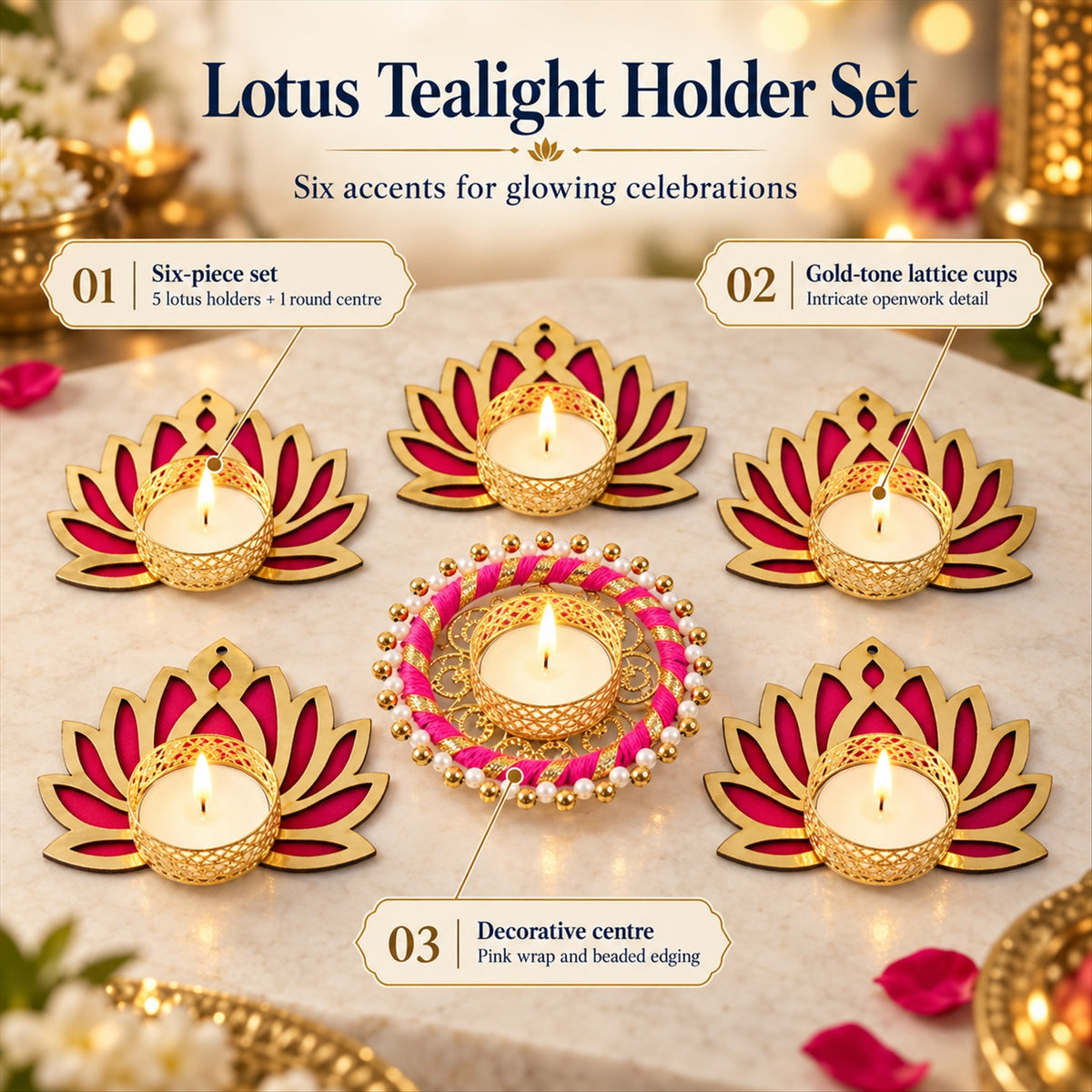 Lotus rangoli tealight holder set - set features