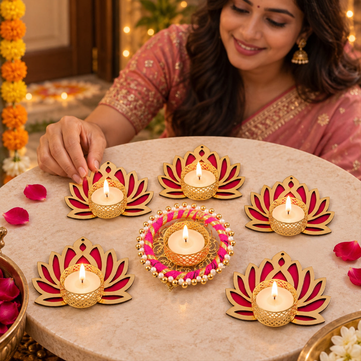 Lotus rangoli tealight holder set - decorating demonstration