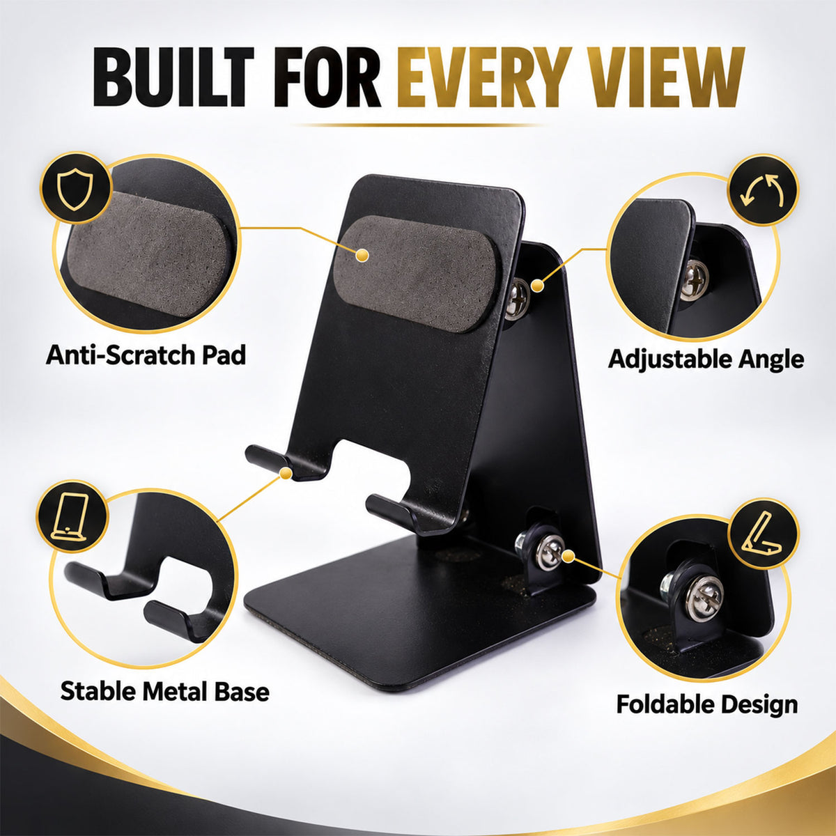 Foldable metal mobile phone stand - adjustable angle and folding features