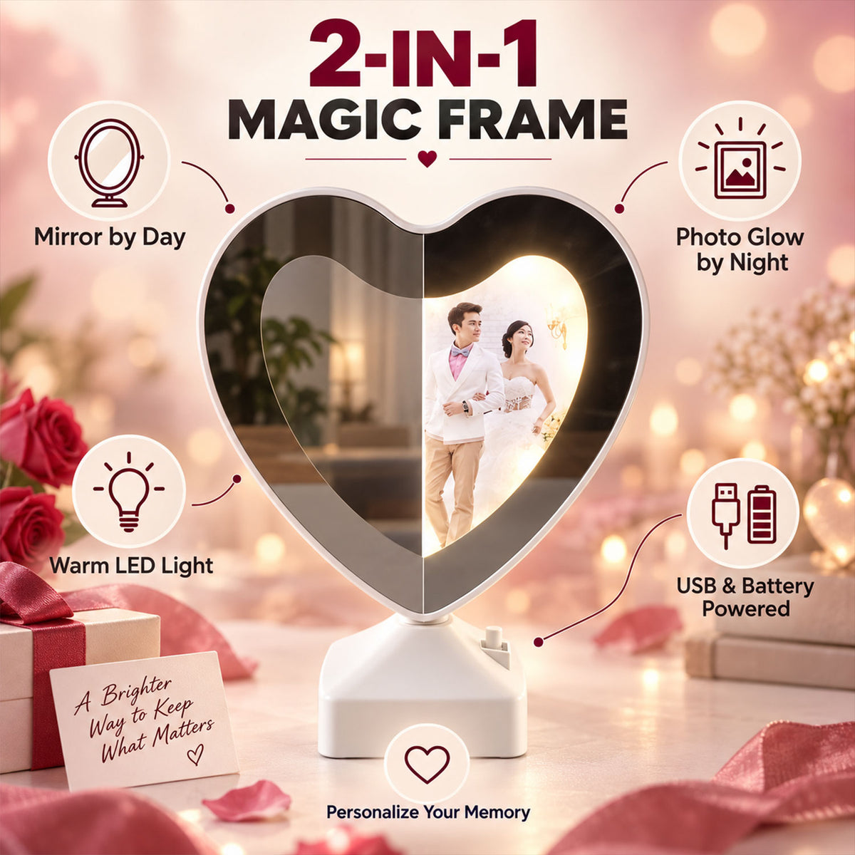 A heart-shaped LED mirror photo frame displaying a wedding picture, surrounded by text highlighting its features.