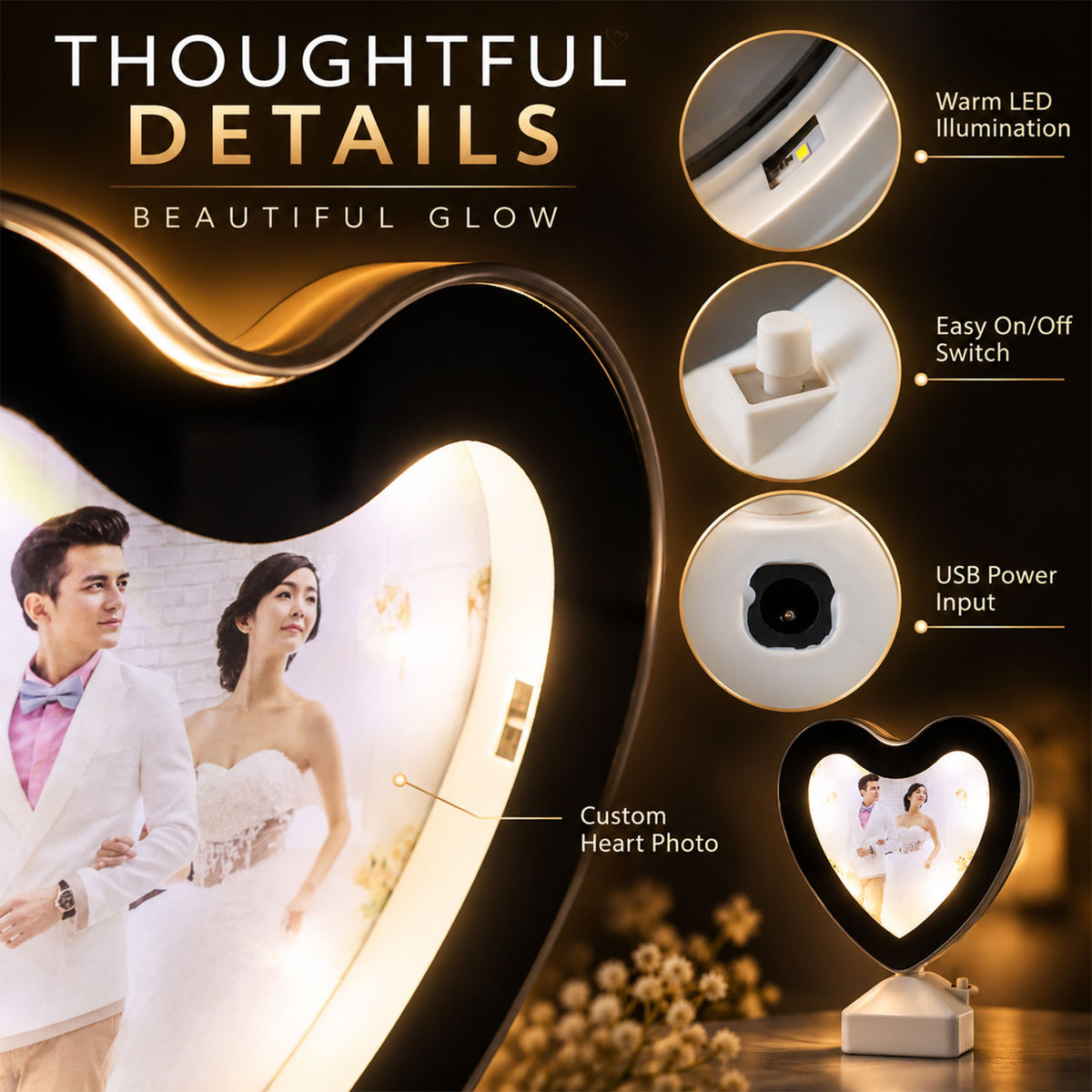 Close-up of the heart-shaped LED mirror photo frame showing details like the USB port and power switch.