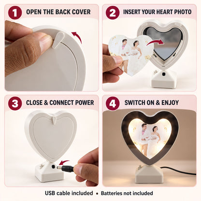 A four-panel graphic illustrating how to open, insert a photo, close, and power on the heart-shaped frame.