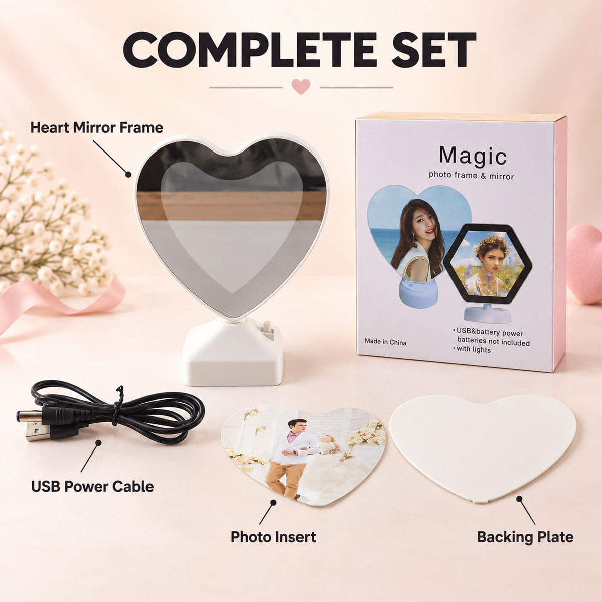 A complete set of the heart mirror frame, USB cable, photo insert, and backing plate, with its packaging.