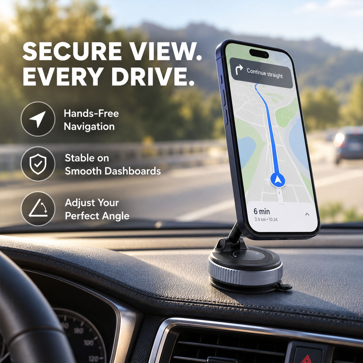 A smartphone displaying navigation on a map, held by a black and gray magnetic phone holder on a car dashboard.