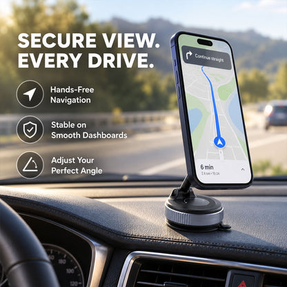 A smartphone displaying navigation on a map, held by a black and gray magnetic phone holder on a car dashboard.