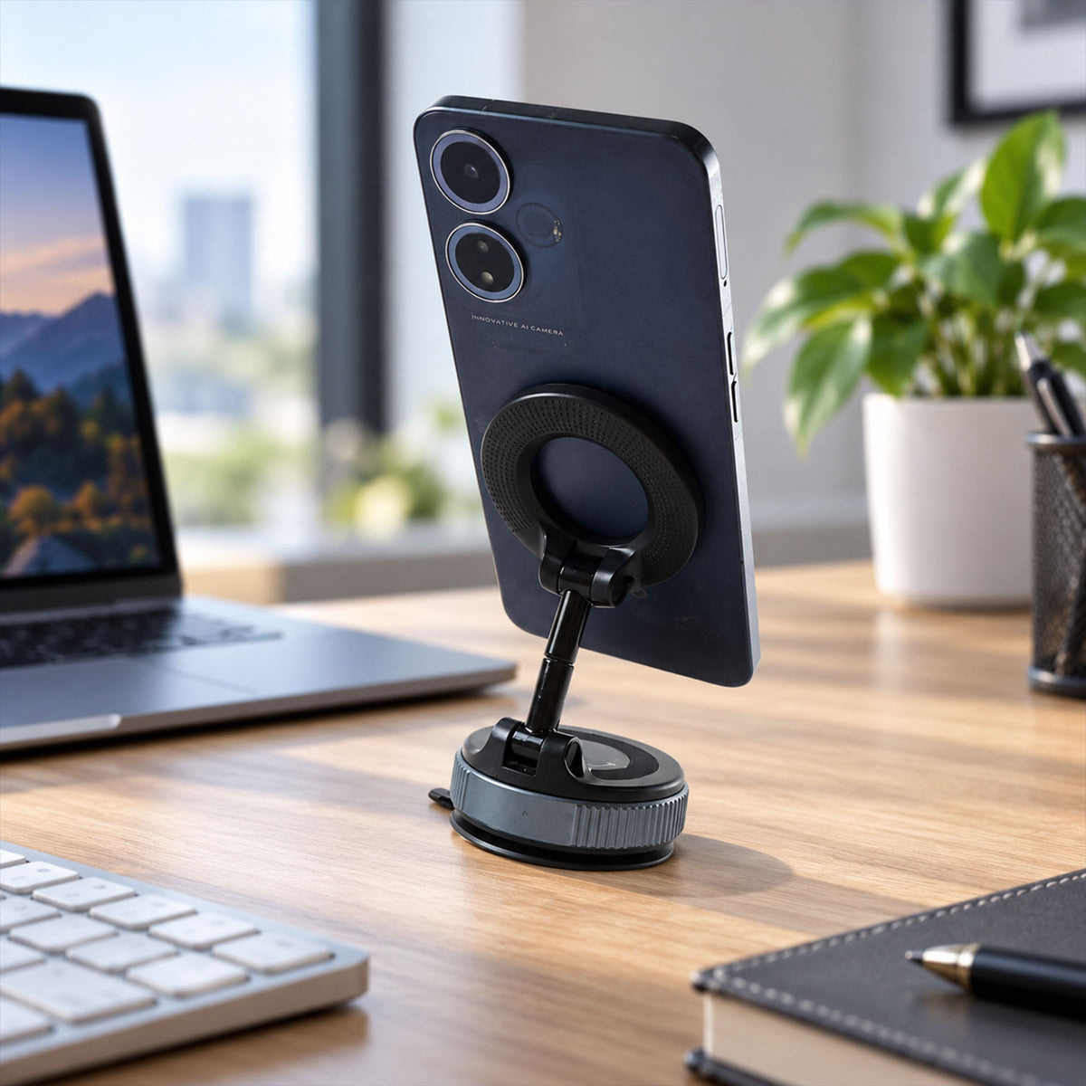 A black smartphone attached to a black and gray magnetic phone holder, positioned on a wooden desk next to a laptop.