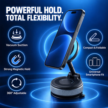 A smartphone attached to a black and gray magnetic phone holder, highlighting its vacuum suction and magnetic hold features.