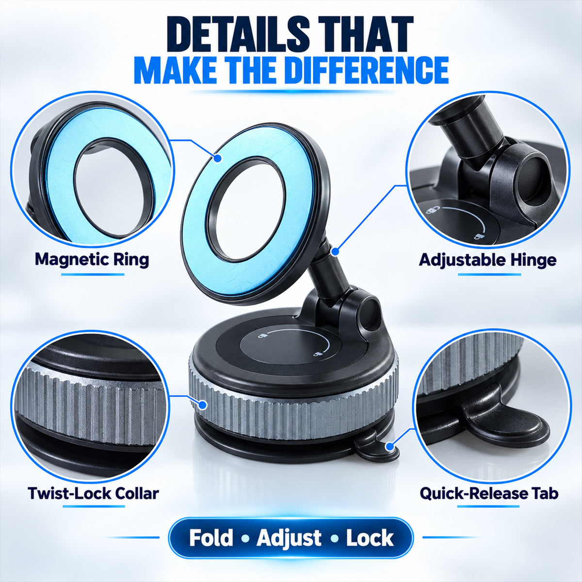 Close-up views of the black and gray magnetic phone holder, showing its magnetic ring, adjustable hinge, and twist-lock