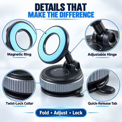 Close-up views of the black and gray magnetic phone holder, showing its magnetic ring, adjustable hinge, and twist-lock