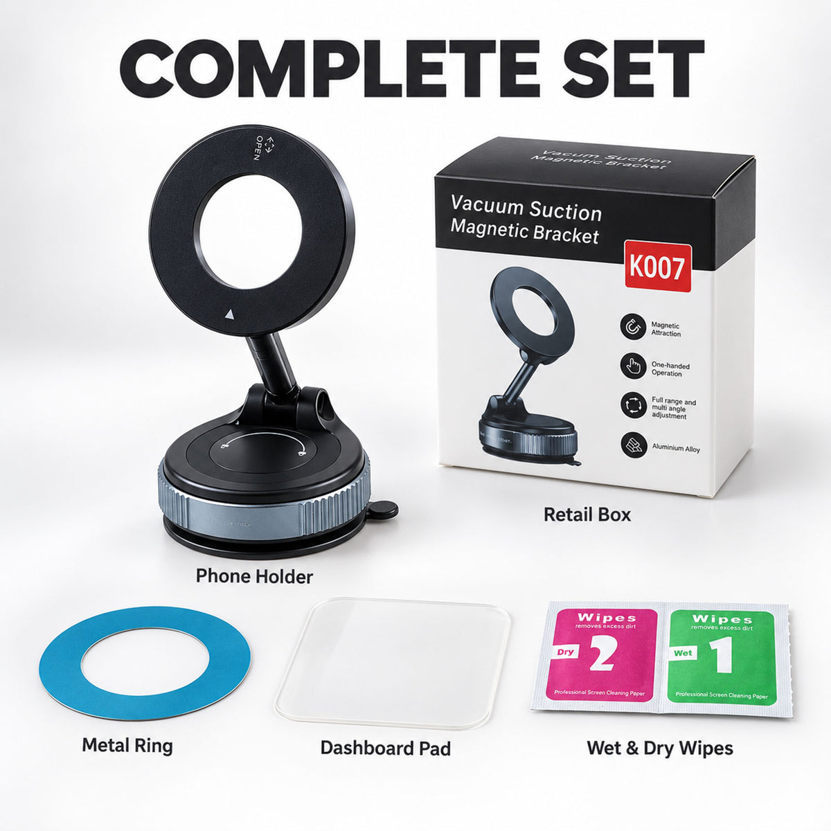 The complete set of a black and gray magnetic phone holder, including a metal ring, dashboard pad, and wet and dry wipes.