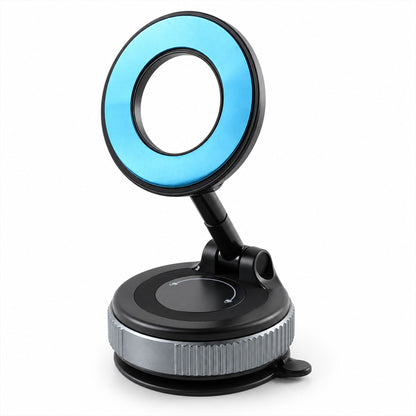 A black and gray magnetic phone holder with a blue ring on its magnetic head, shown against a white background.