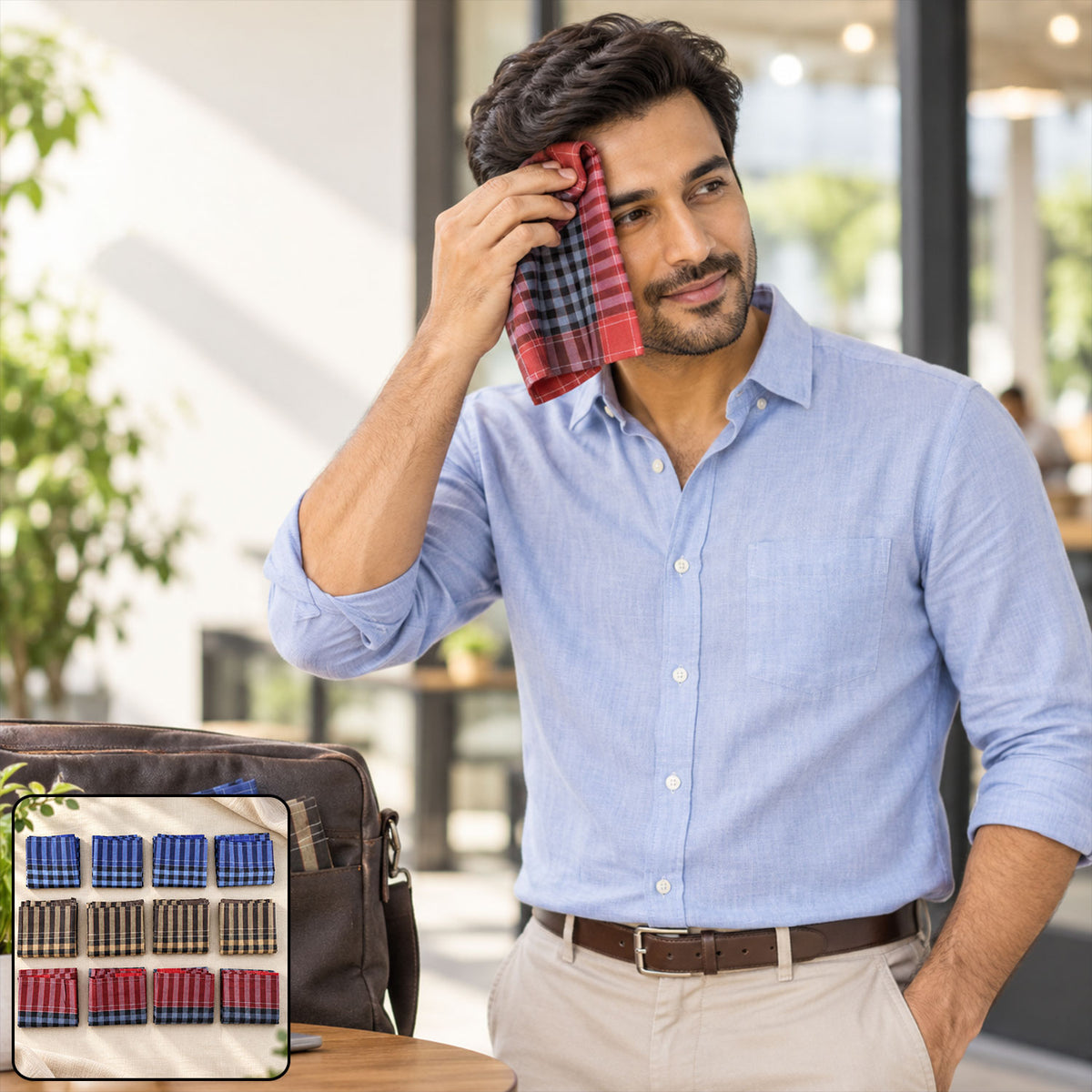 A man in a light blue shirt wipes his forehead with a red and black checkered handkerchief in an outdoor setting.