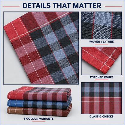 Collage of handkerchief details: red and black plaid fabric, woven texture, stitched edges, and classic check pattern.