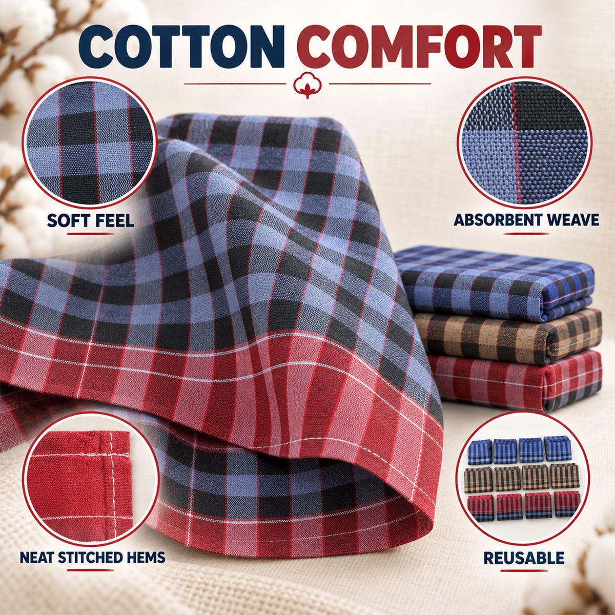 Collage highlighting cotton comfort: blue and red checkered handkerchief, soft feel, absorbent weave, neat stitched hems.