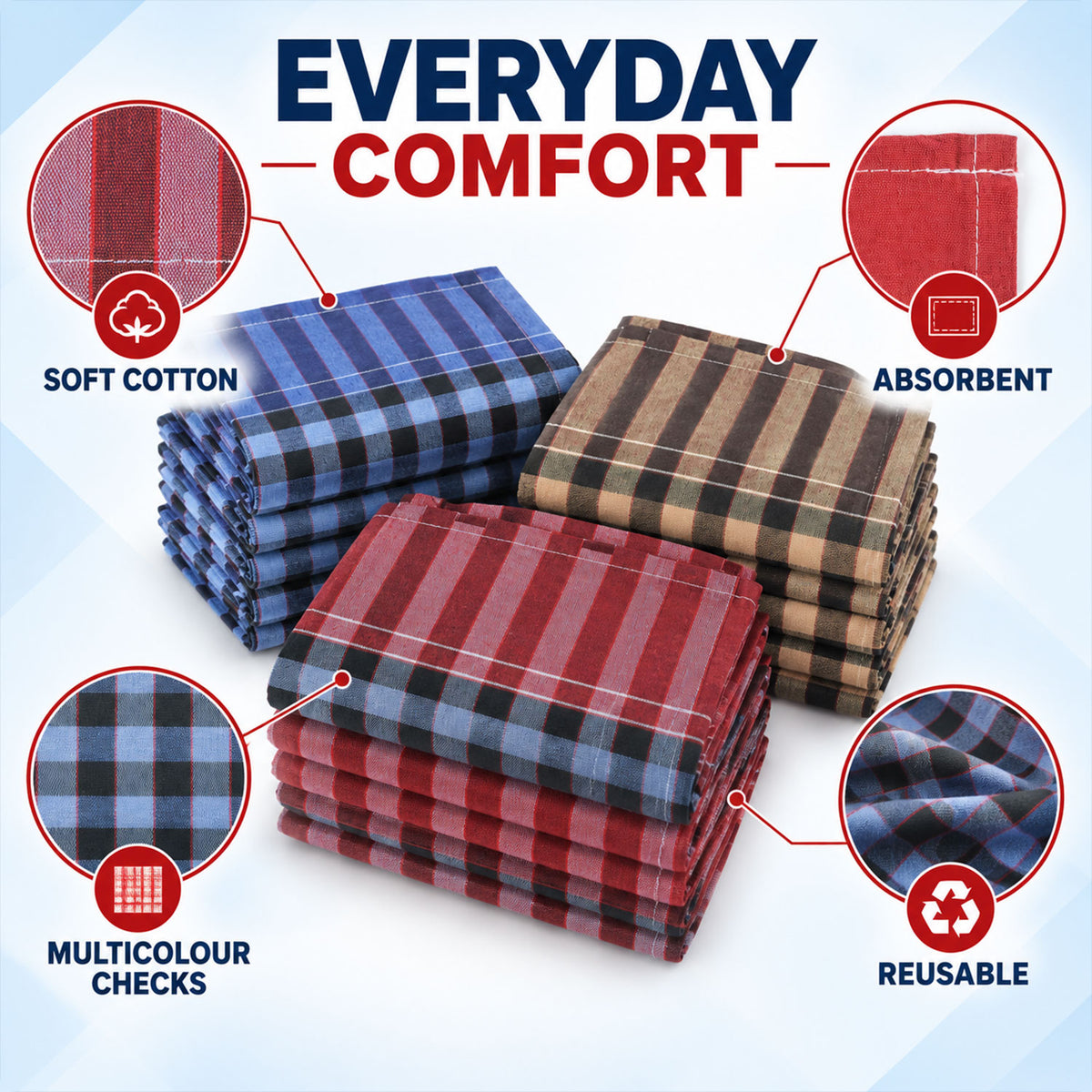 Collage showing three stacks of checkered handkerchiefs in blue, brown, and red, with features like soft cotton and