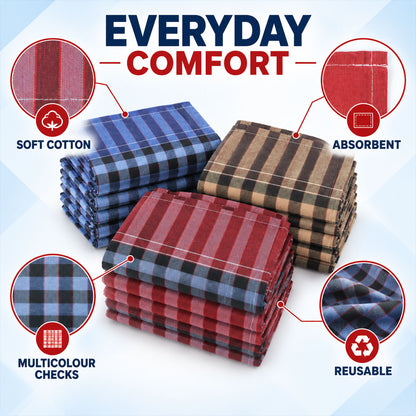 Collage showing three stacks of checkered handkerchiefs in blue, brown, and red, with features like soft cotton and