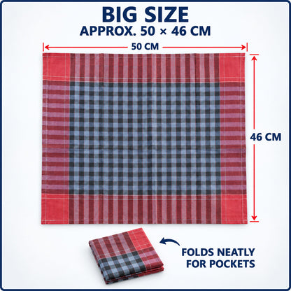A large, unfolded red, blue, and black checkered handkerchief with dimensions 50x46 cm. A smaller folded one rests nearby.