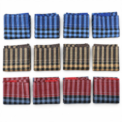 Twelve neatly folded checkered handkerchiefs in three color sets: blue, brown, and red, arranged on a white surface.