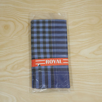 A single blue and black checkered handkerchief, folded and sealed in clear plastic packaging, on a light wooden surface.