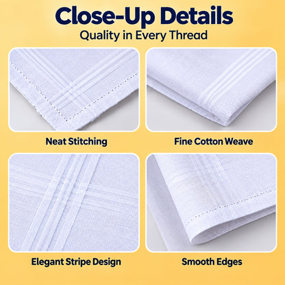 Four close-up views of a white cotton handkerchief, highlighting neat stitching, fine weave, elegant stripes, and smooth
