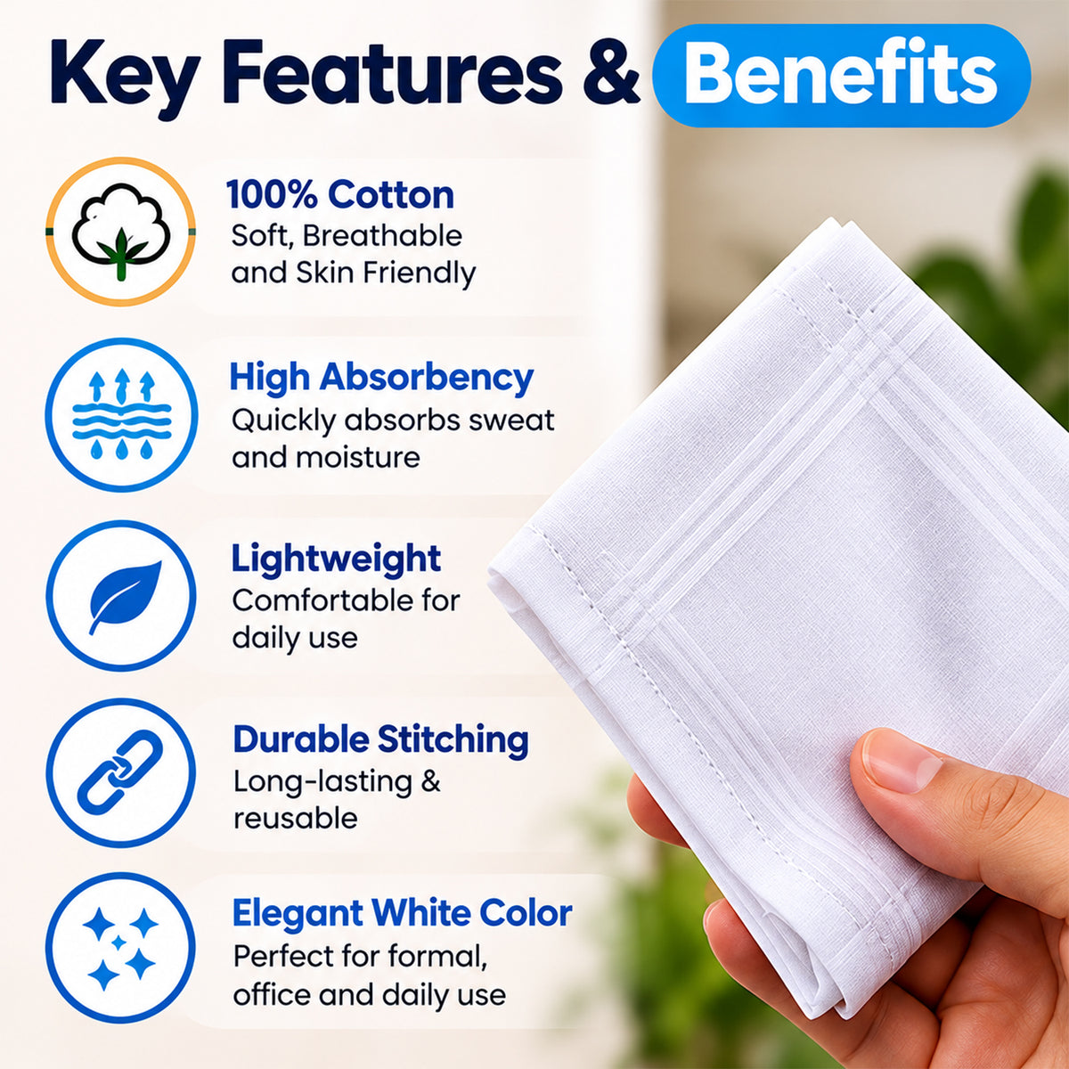 A hand holds a folded white cotton handkerchief with striped borders, next to a list of product features and benefits.