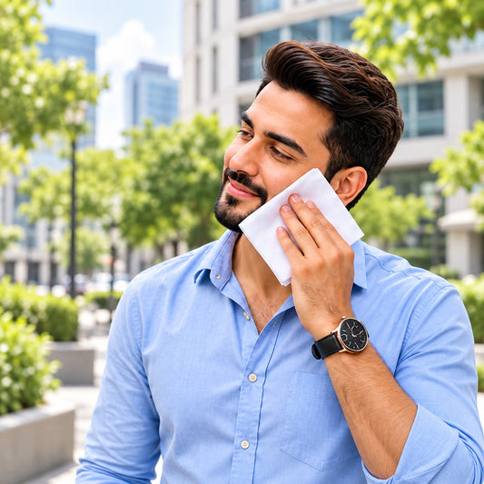 A man in a blue shirt wipes his face with a white cotton handkerchief outdoors on a sunny day.