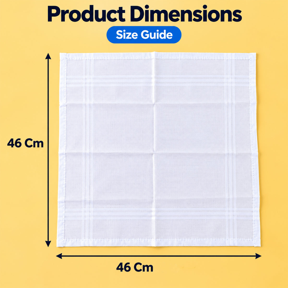 A single white cotton handkerchief with striped borders is displayed flat with dimensions of 46 cm by 46 cm.