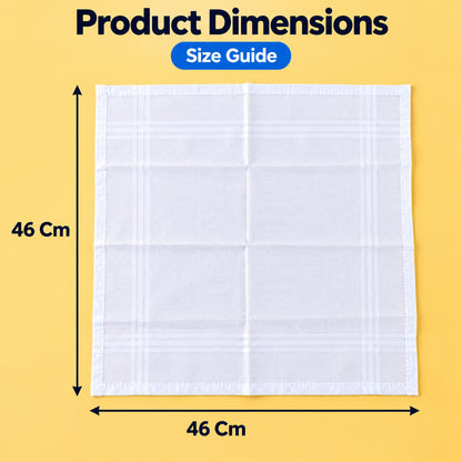 A single white cotton handkerchief with striped borders is displayed flat with dimensions of 46 cm by 46 cm.