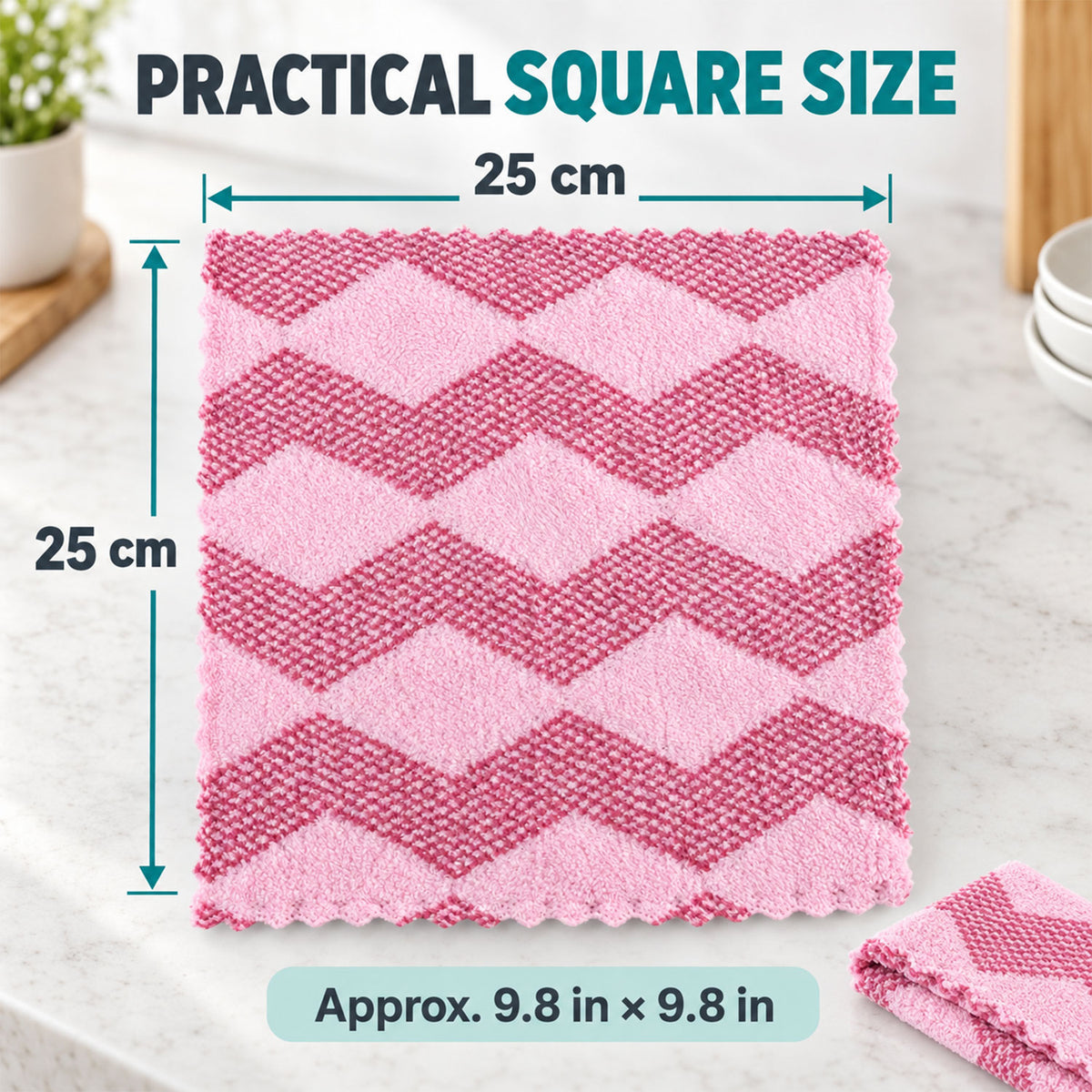 A single pink and magenta chevron pattern towel displayed flat, with measurements indicating its 25 cm square size.
