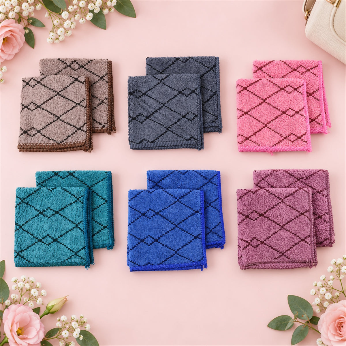 Twelve folded handkerchiefs in six colors with a dark diamond pattern are arranged on a pink surface, surrounded by flowers.