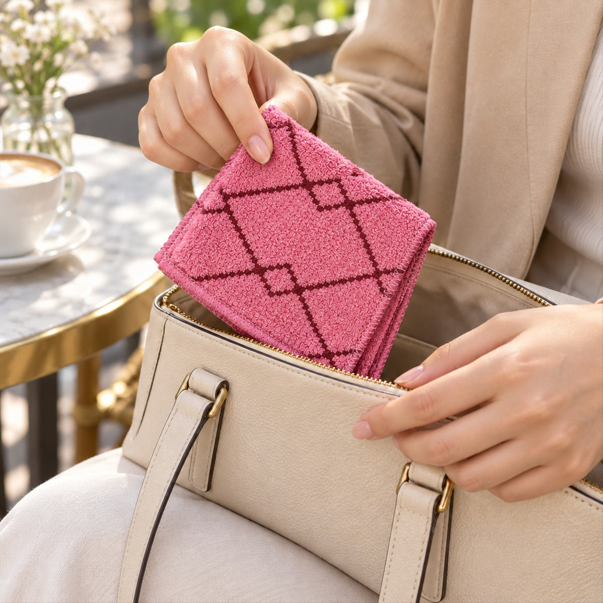 A person places a folded pink handkerchief with a dark diamond pattern into a beige handbag, with a coffee cup in the