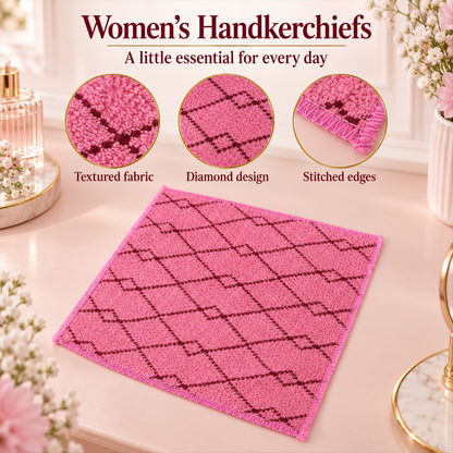 A pink handkerchief with a dark diamond pattern lies on a surface, with three circular insets highlighting its texture,