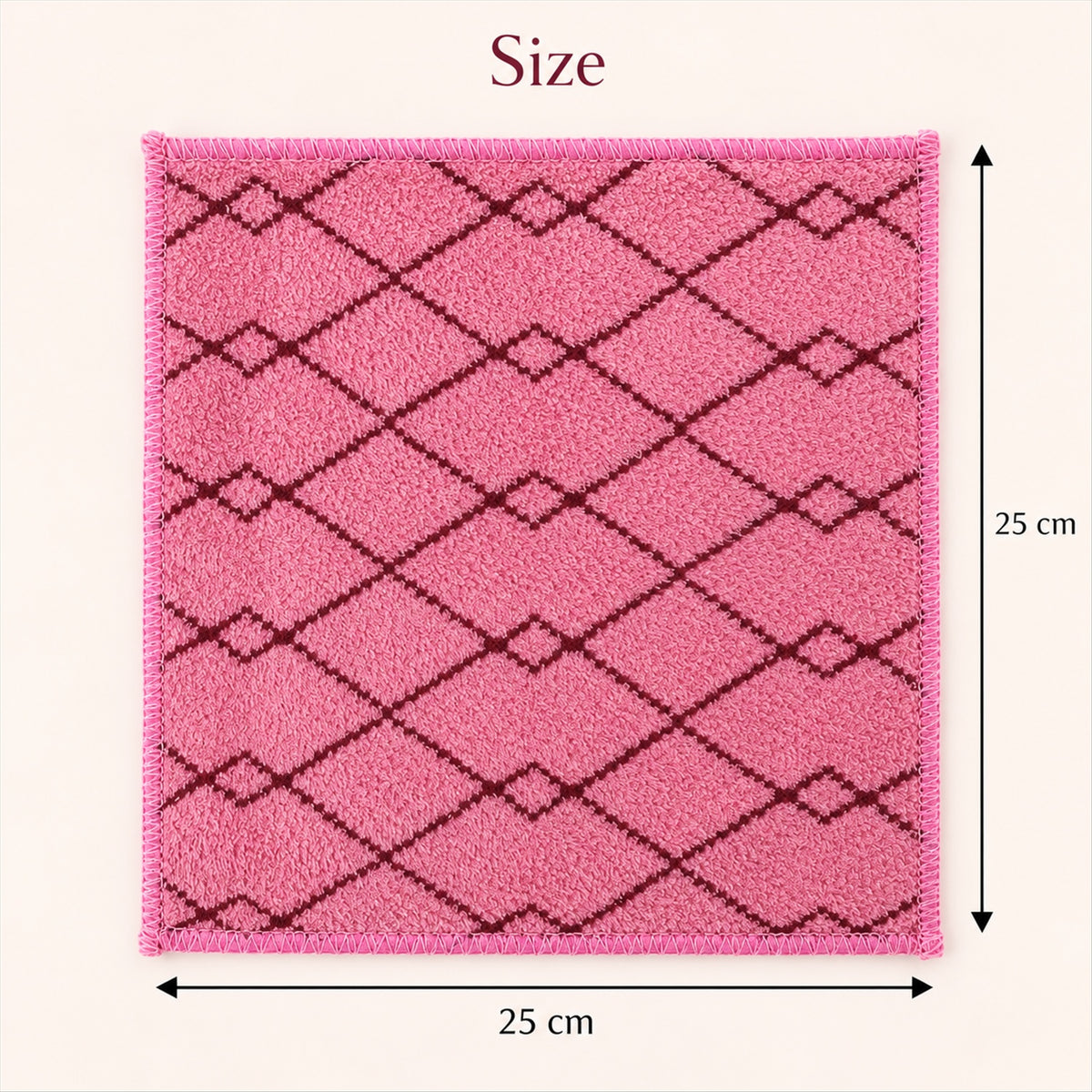 A single pink handkerchief with a dark diamond pattern is displayed, with arrows indicating its 25 cm by 25 cm dimensions.