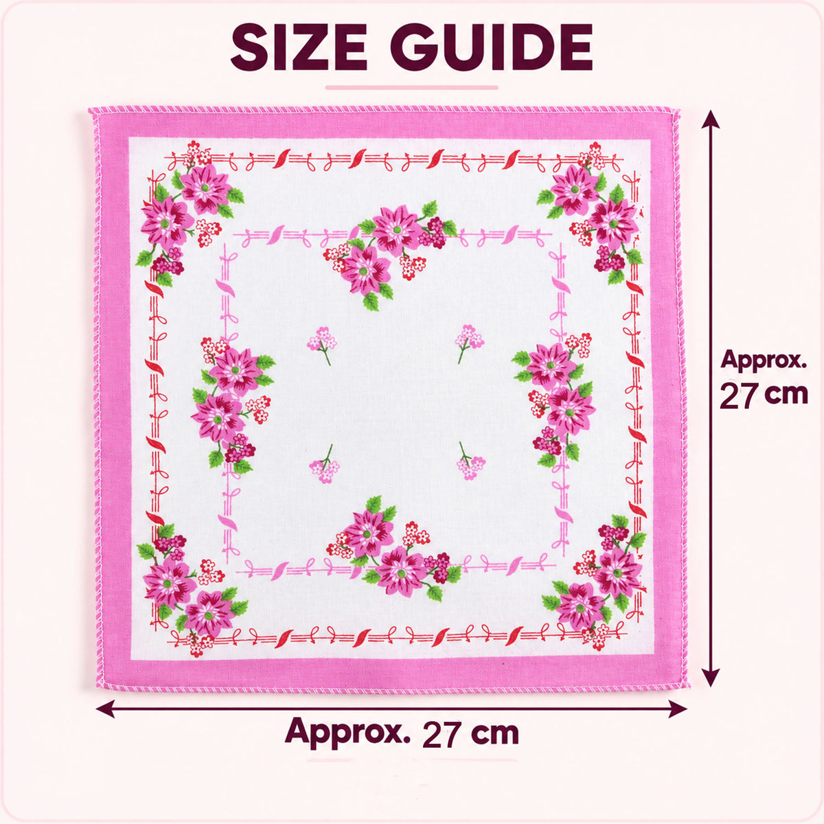 A single white handkerchief with a pink floral border and central design, displaying its approximate 27 cm by 27 cm