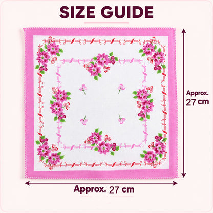 A single white handkerchief with a pink floral border and central design, displaying its approximate 27 cm by 27 cm