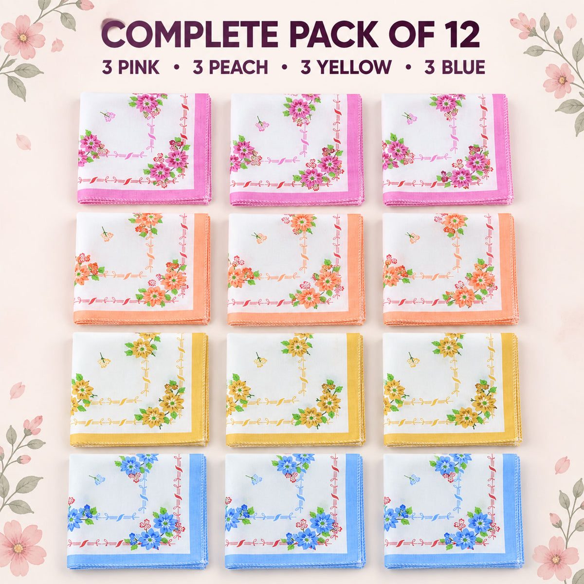 Twelve neatly arranged folded handkerchiefs, three each with pink, peach, yellow, and blue floral borders, on a light pink