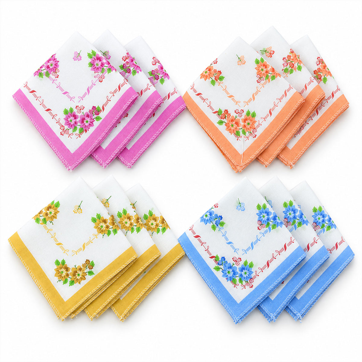 Four stacks of three folded square cotton handkerchiefs, each stack featuring a different colored border: pink, orange,