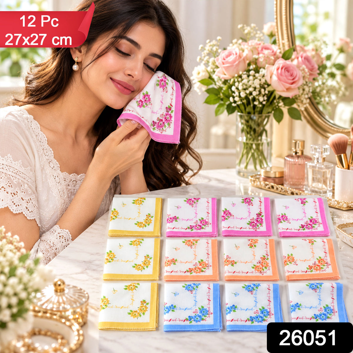 A woman holds a pink-bordered handkerchief to her face, with a display of twelve folded, floral-patterned handkerchiefs in