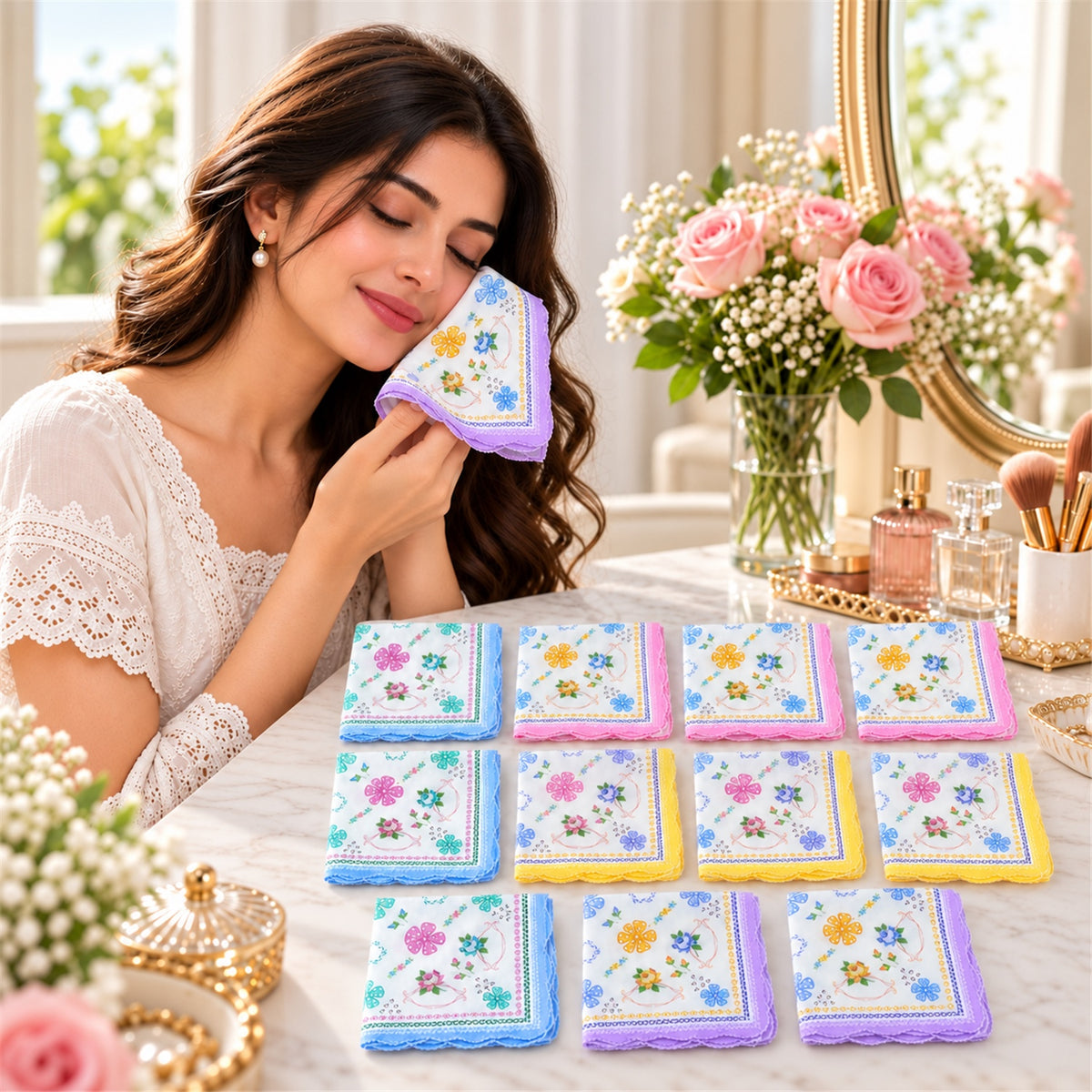 A woman gently dabs her face with a white handkerchief featuring a purple scalloped edge and floral pattern, surrounded by