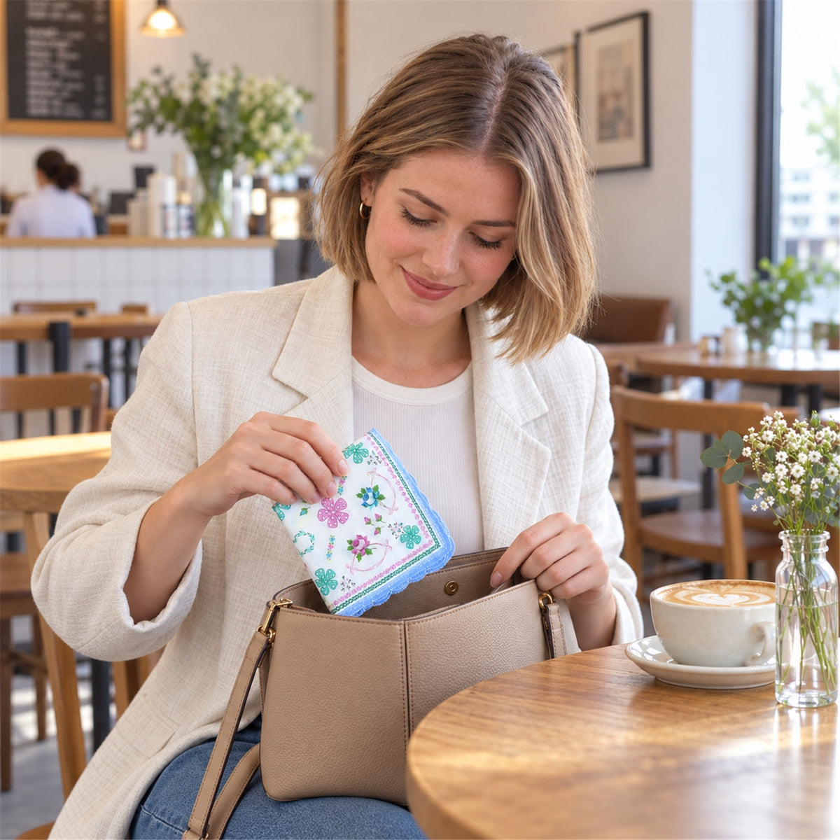 A woman in a cafe places a blue-edged floral handkerchief into her beige handbag, with a coffee cup and flowers on the table.