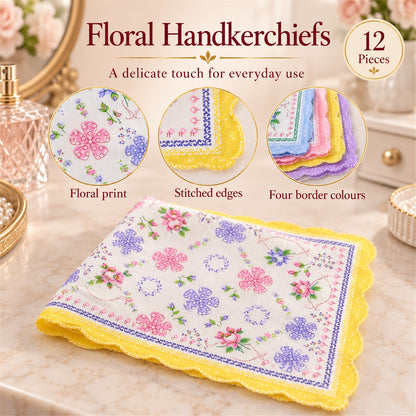 A single yellow-bordered floral handkerchief is displayed on a marble surface, with three circular insets showing close-ups