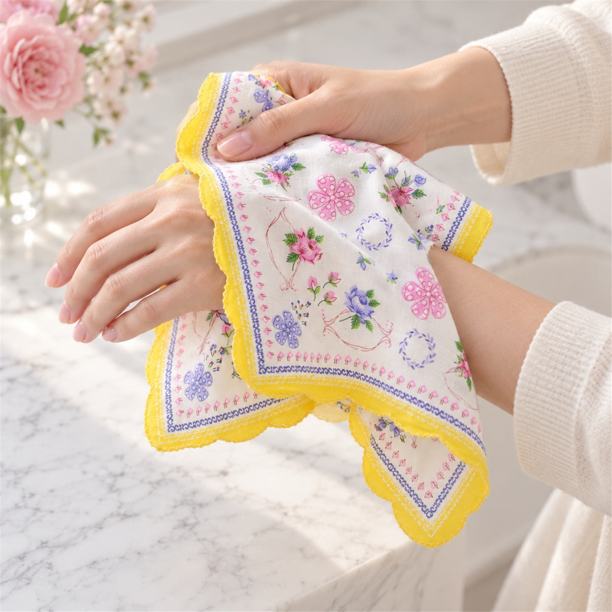 Two hands gently hold a white floral handkerchief with a yellow scalloped edge over a marble surface, showing its soft