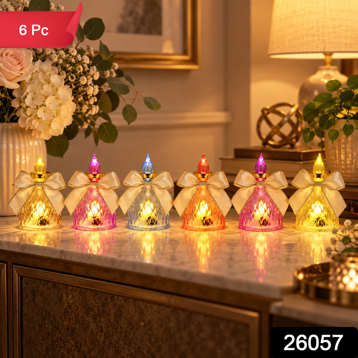 Decorative LED candle lights with bow - 6 Pc set