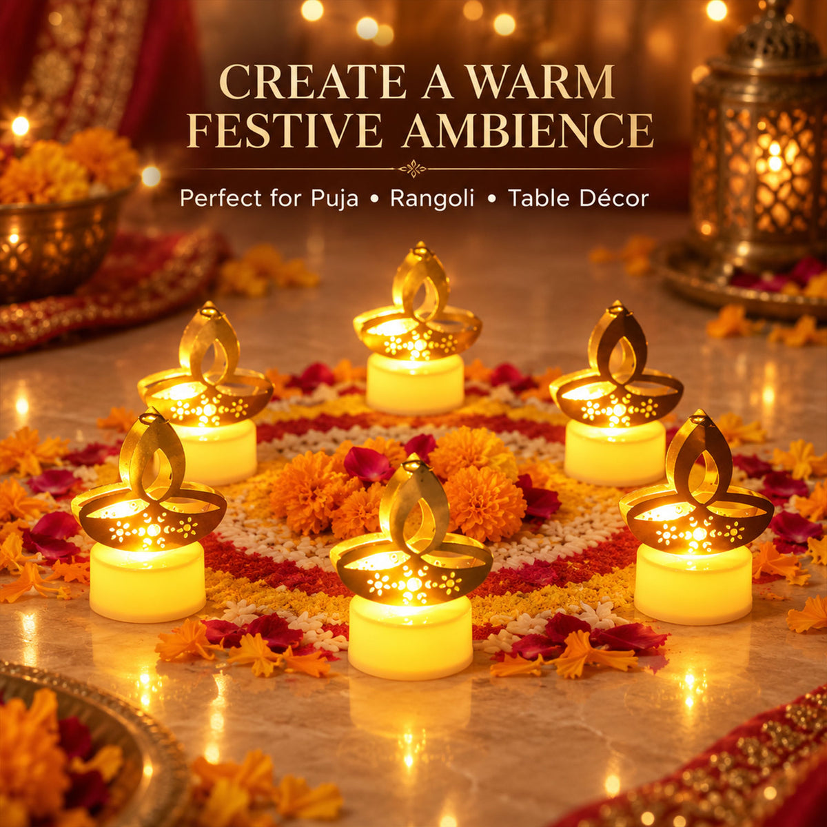 Golden diya LED tealight candles on a patterned surface